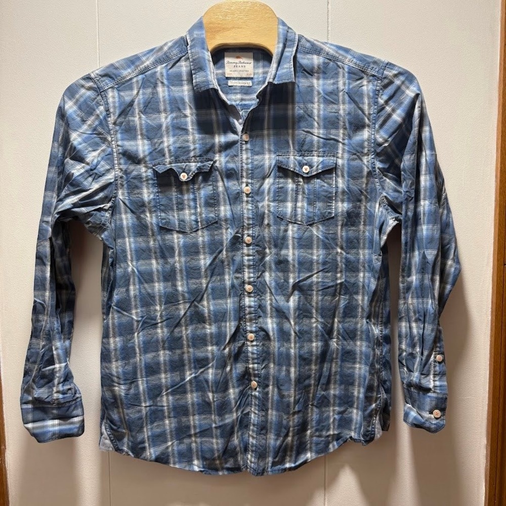 Tommy Bahama Jeans Mens XL Blue Plaid Island Modern Fit Cotton Button Down Shirt